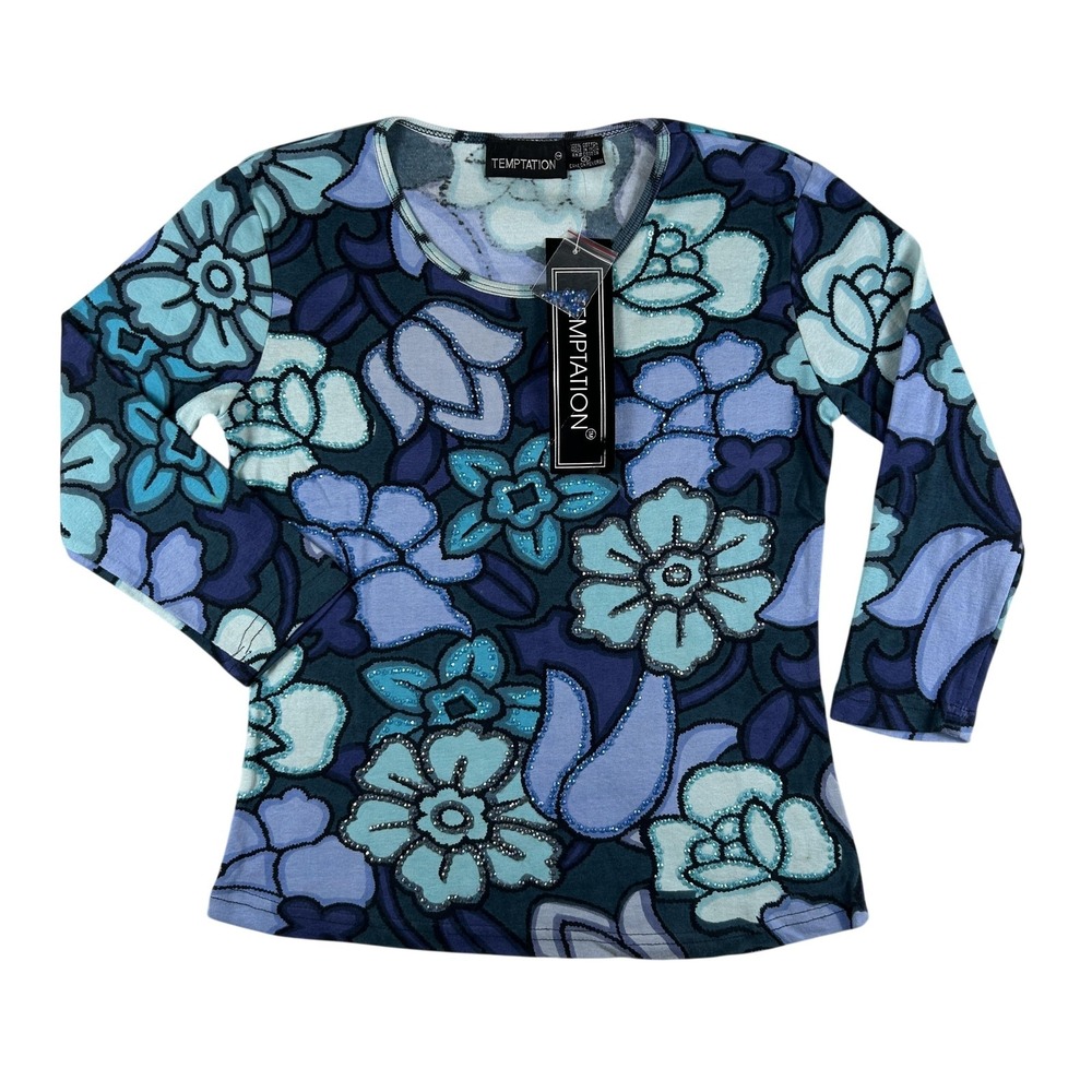 Vintage Temptation Shirt Womens Small Crew Neck 3/4 Sleeve Beaded Floral Print